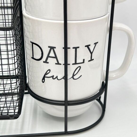 Boston Warehouse Coffee Mug & Black Wire Pod Holder 5 Piece Set 4 Stacking Mugs - Picture 5 of 16